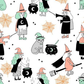Witches halloween spooky cute pattern with cats by andrea lauren white and orange