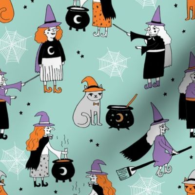 Witches halloween spooky cute pattern with cats by andrea lauren mint