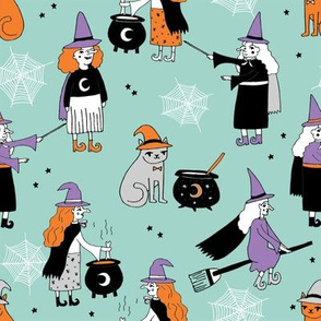 Witches halloween spooky cute pattern with cats by andrea lauren mint