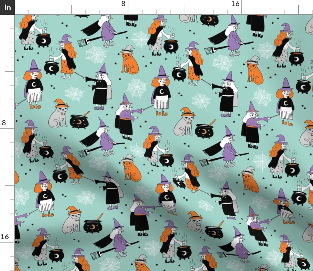 Witches halloween spooky cute pattern with cats by andrea lauren mint