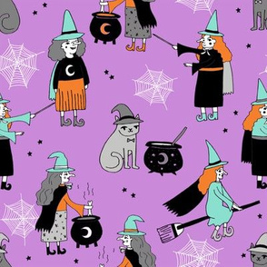Witches halloween spooky cute pattern with cats by andrea lauren purple