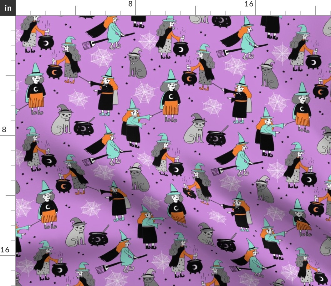 Witches halloween spooky cute pattern with cats by andrea lauren purple