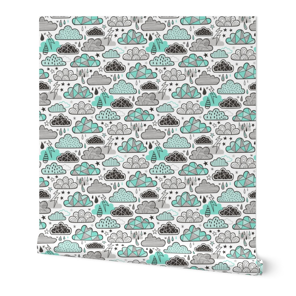 Clouds Bolts Lightning Raindrops Geometric Patterned Cloud Doodle Mint Green