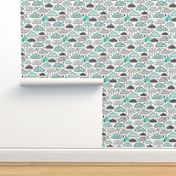 Clouds Bolts Lightning Raindrops Geometric Patterned Cloud Doodle Mint Green
