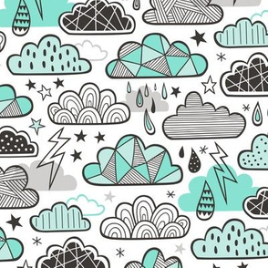 Clouds Bolts Lightning Raindrops Geometric Patterned Cloud Doodle Mint Green