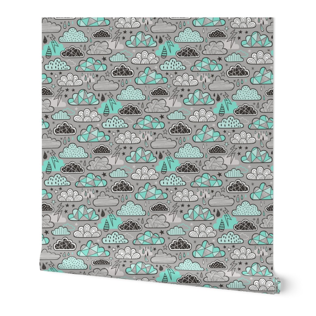 Clouds Bolts Lightning Raindrops Geometric Patterned Cloud Doodle Mint Green on Grey