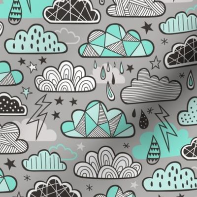 Clouds Bolts Lightning Raindrops Geometric Patterned Cloud Doodle Mint Green on Grey
