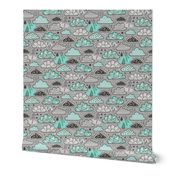 Clouds Bolts Lightning Raindrops Geometric Patterned Cloud Doodle Mint Green on Grey