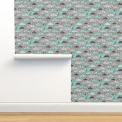 Clouds Bolts Lightning Raindrops Geometric Patterned Cloud Doodle Mint Green on Grey