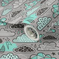 Clouds Bolts Lightning Raindrops Geometric Patterned Cloud Doodle Mint Green on Grey