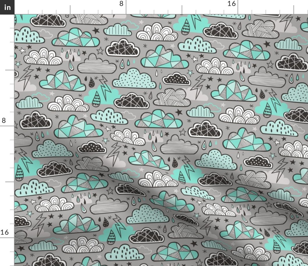 Clouds Bolts Lightning Raindrops Geometric Patterned Cloud Doodle Mint Green on Grey