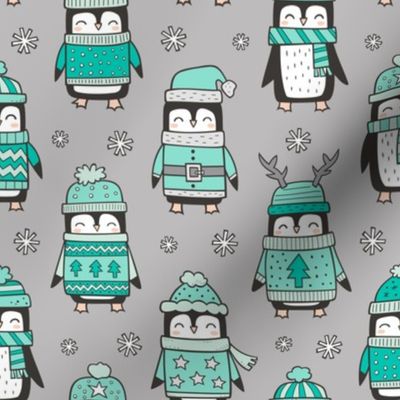 Christmas Holiday Winter Penguins in Ugly Sweaters Scarves & Hats Mint Green On Grey