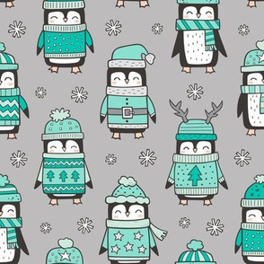 Christmas Holiday Winter Penguins in Ugly Sweaters Scarves & Hats Mint Green On Grey