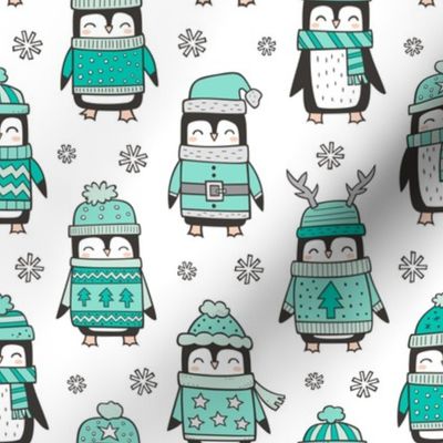 Christmas Holiday Winter Penguins in Ugly Sweaters Scarves & Hats Mint Green On White