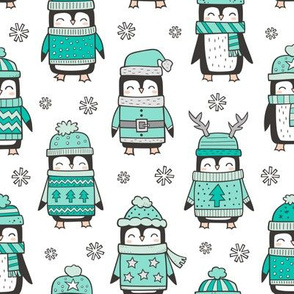 Christmas Holiday Winter Penguins in Ugly Sweaters Scarves & Hats Mint Green On White