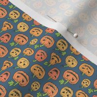 Halloween Jack-O-Lantern Scary Pumpkin Fabric  Orange on Dark Blue Navy Tiny Small Rotated