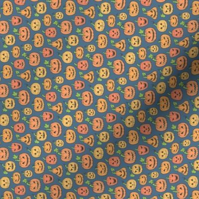 Halloween Jack-O-Lantern Scary Pumpkin Fabric  Orange on Dark Blue Navy Tiny Small Rotated