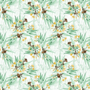 Gumnuts Yellow Blossoms, Abstract Green Background