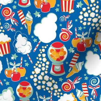 Pick your circus treat // lapis lazuli background white cotton candy red saffron & orange fruits ice creams & lollipops sea foam green stars