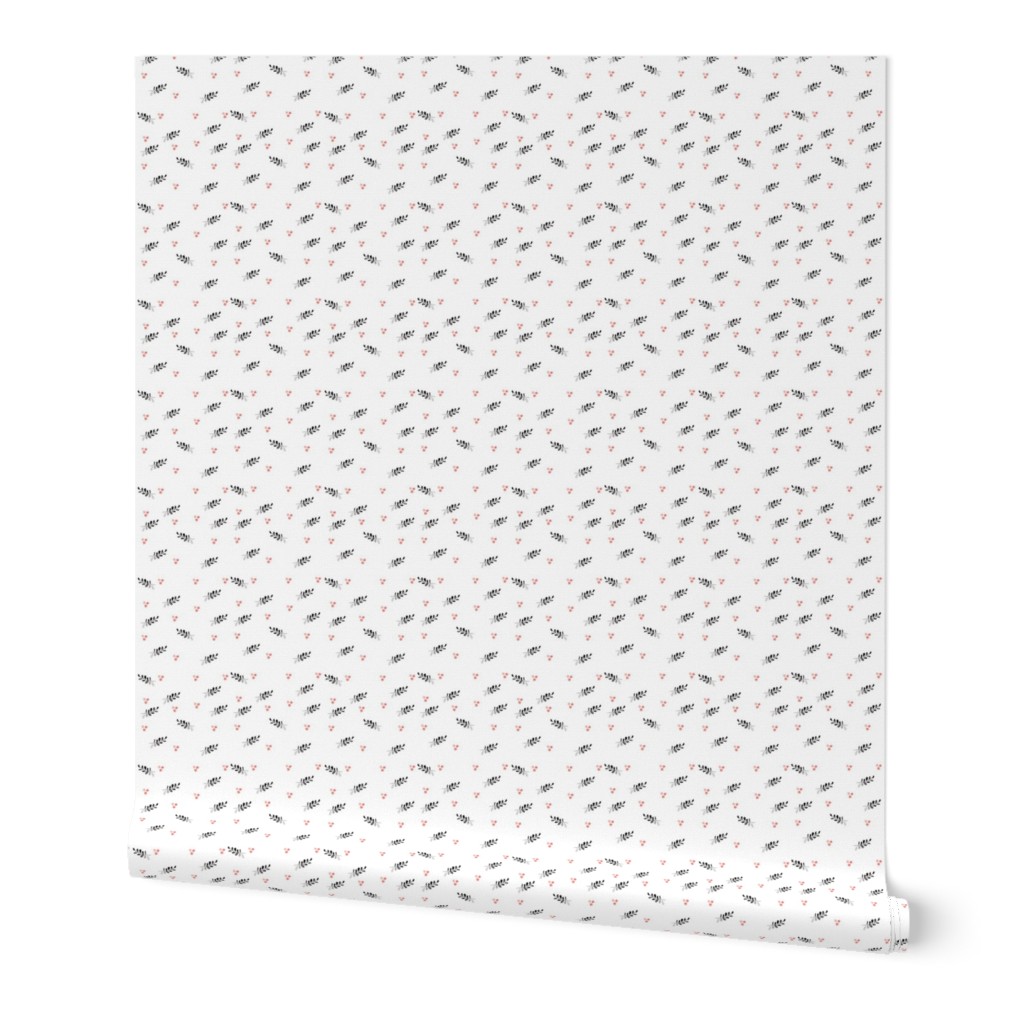 Ditsy Leaves Stems Black on White Pink Berries Simple Modern Quilt