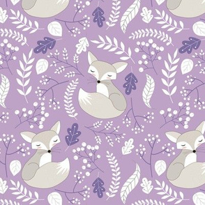 Gray Fox - Sleepy Foxes (lavender crocus) Baby Girl Nursery Woodland Animals Kids Childrens Bedding C2