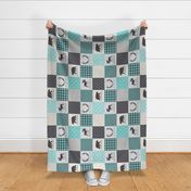 Woodland Patchwork Blanket Quilt Top ROTATED - Animals Cheater Quilt Bears Moose Antlers Nursery Baby Boy Blanket Panel - Smokey Grey + Teal- Ginger Lous