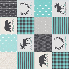Woodland Patchwork Blanket Quilt Top ROTATED - Animals Cheater Quilt Bears Moose Antlers Nursery Baby Boy Blanket Panel - Smokey Grey + Teal- Ginger Lous