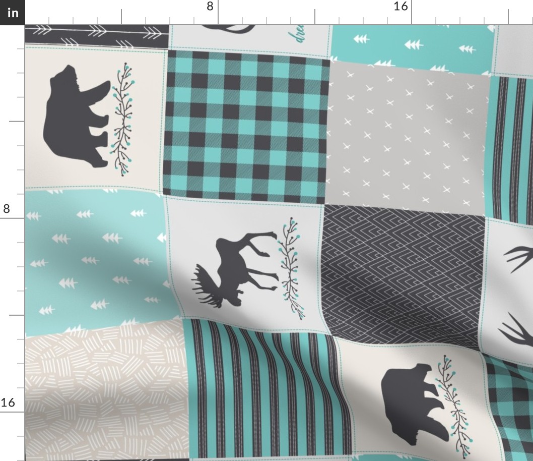 Woodland Patchwork Blanket Quilt Top ROTATED - Animals Cheater Quilt Bears Moose Antlers Nursery Baby Boy Blanket Panel - Smokey Grey + Teal- Ginger Lous