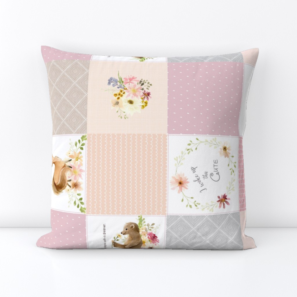 Cute Quilt Panel ROTATED - Woodland Animals Baby Girl Blanket, Bear Fox Squirrel - Pastel Pink Blush + Gray - MIA Pattern D1