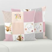 Cute Quilt Panel ROTATED - Woodland Animals Baby Girl Blanket, Bear Fox Squirrel - Pastel Pink Blush + Gray - MIA Pattern D1