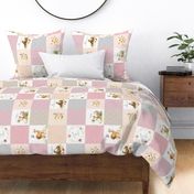 Cute Quilt Panel ROTATED - Woodland Animals Baby Girl Blanket, Bear Fox Squirrel - Pastel Pink Blush + Gray - MIA Pattern D1