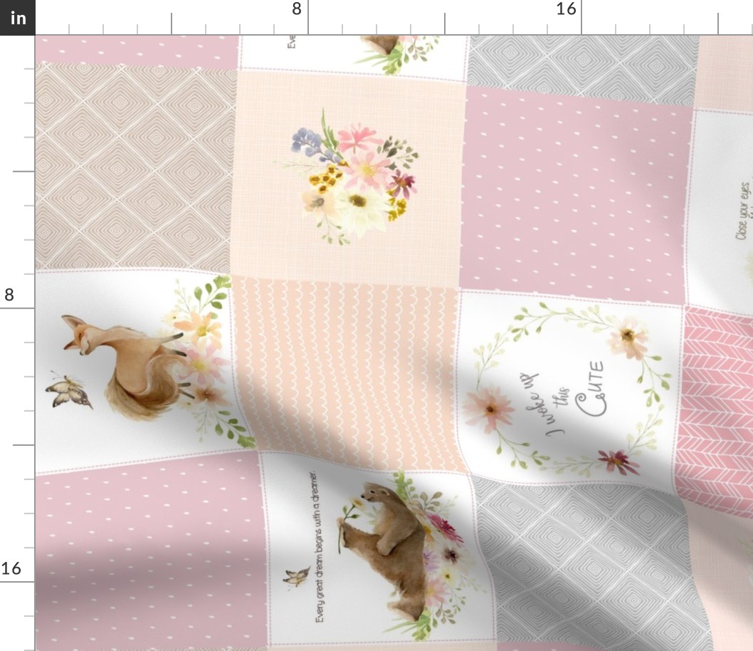 Cute Quilt Panel ROTATED - Woodland Animals Baby Girl Blanket, Bear Fox Squirrel - Pastel Pink Blush + Gray - MIA Pattern D1