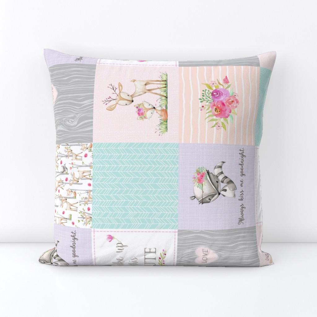 Cute Woodland Patchwork Quilt ROTATED - Deer Fox Raccoon Cheater Quilt - Pink Peach + Mint Nursery Ginger Lous