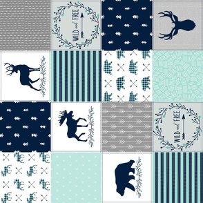 Wild & Free Cheater Quilt ROTATED - Woodland Patchwork Bear Deer Moose - Navy Mint Grey Design Ginger Lous