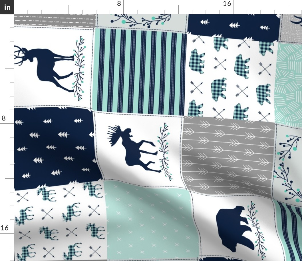 Wild & Free Cheater Quilt ROTATED - Woodland Patchwork Bear Deer Moose - Navy Mint Grey Design Ginger Lous