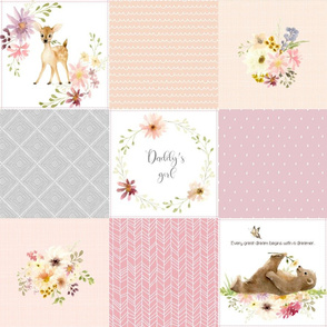 Daddy's Girl Nursery Quilt Panel - Woodland Animals Baby Girl Blanket, Bear Bunny Deer - Pastel Pink Blush + Gray - MIA Pattern D2