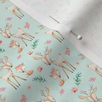 TINY Sweet Deer & Fox (soft mint) - Woodland Animals Flowers Baby Girl Nursery Bedding