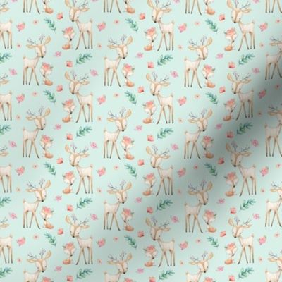 TINY Sweet Deer & Fox (soft mint) - Woodland Animals Flowers Baby Girl Nursery Bedding