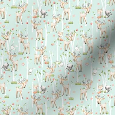 TINY Sweet Woodland Animals (soft mint) Deer Fox Raccoon Birch Trees Flowers Baby Girl Nursery Blanket Sheets Bedding C