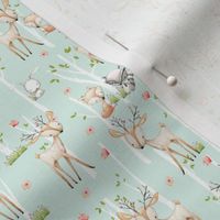 TINY Sweet Woodland Animals (soft mint) Deer Fox Raccoon Birch Trees Flowers Baby Girl Nursery Blanket Sheets Bedding C