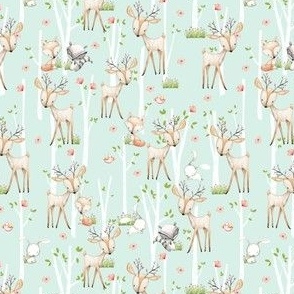 TINY Sweet Woodland Animals (soft mint) Deer Fox Raccoon Birch Trees Flowers Baby Girl Nursery Blanket Sheets Bedding C