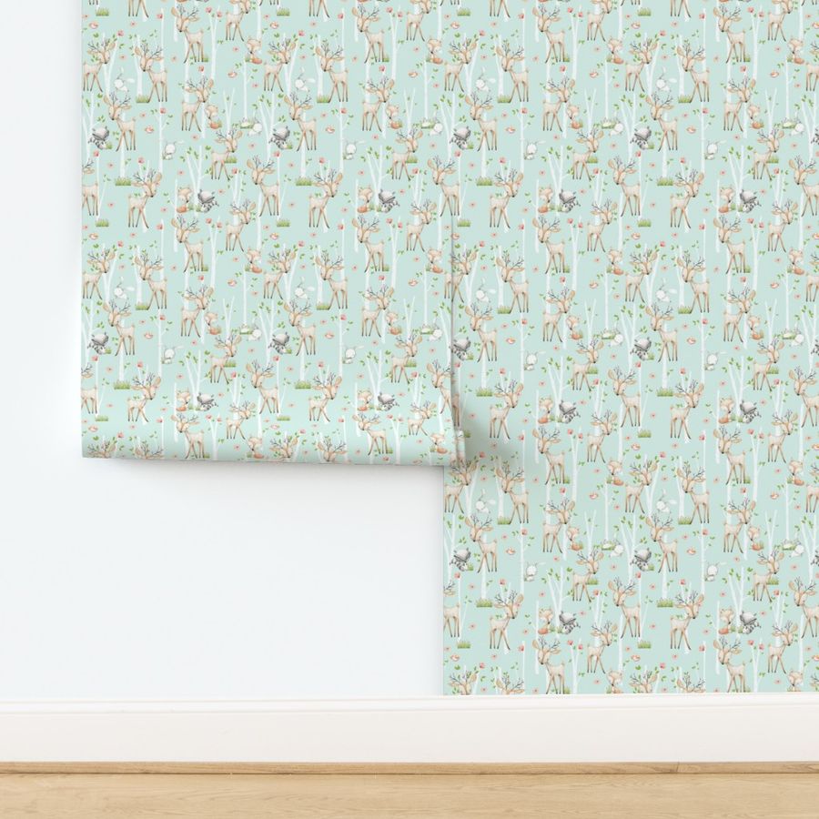 Sweet Woodland Animals (soft mint) Deer Fox Raccoon Birch Trees Flowers Baby Girl Nursery Blanket Sheets Bedding B