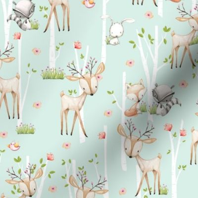 Sweet Woodland Animals (soft mint) Deer Fox Raccoon Birch Trees Flowers Baby Girl Nursery Blanket Sheets Bedding B
