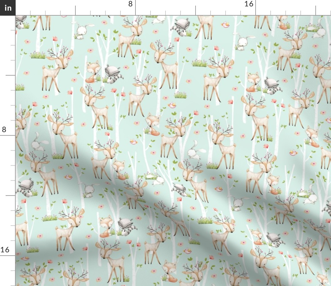 Sweet Woodland Animals (soft mint) Deer Fox Raccoon Birch Trees Flowers Baby Girl Nursery Blanket Sheets Bedding B