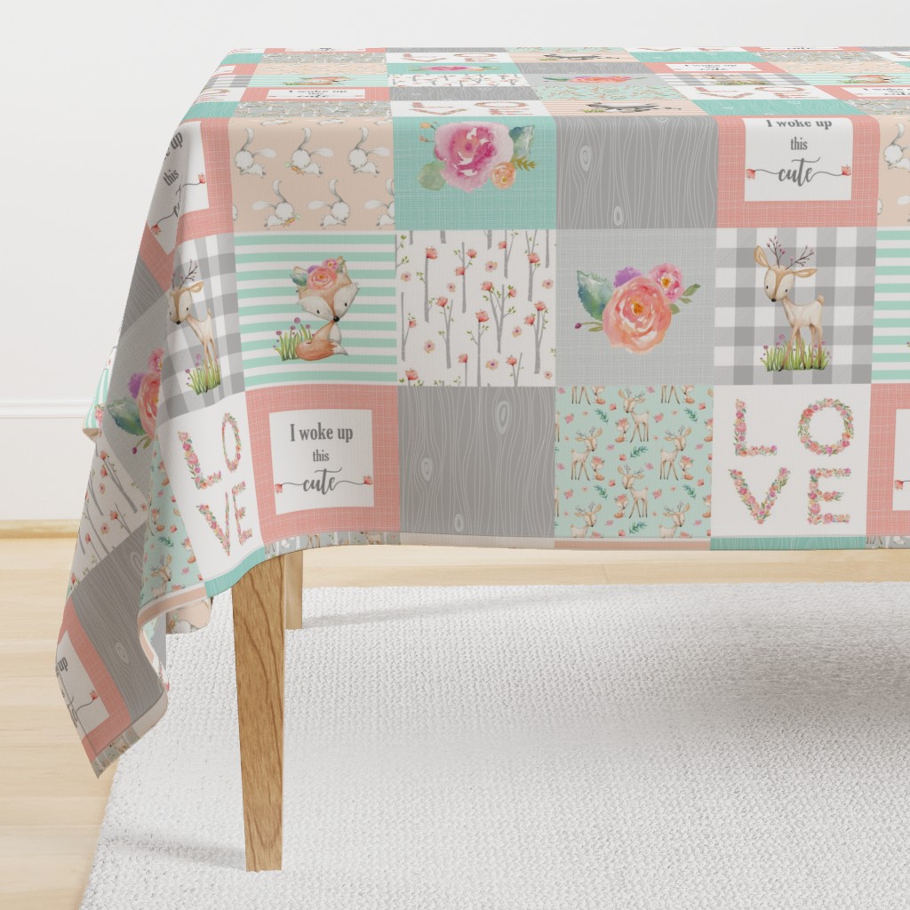 Woodland Animals Baby Girl Quilt Top (rotated) - Deer Fox Raccoon Woodland Patchwork Wholecloth Baby Blanket Gray Mint Peach 