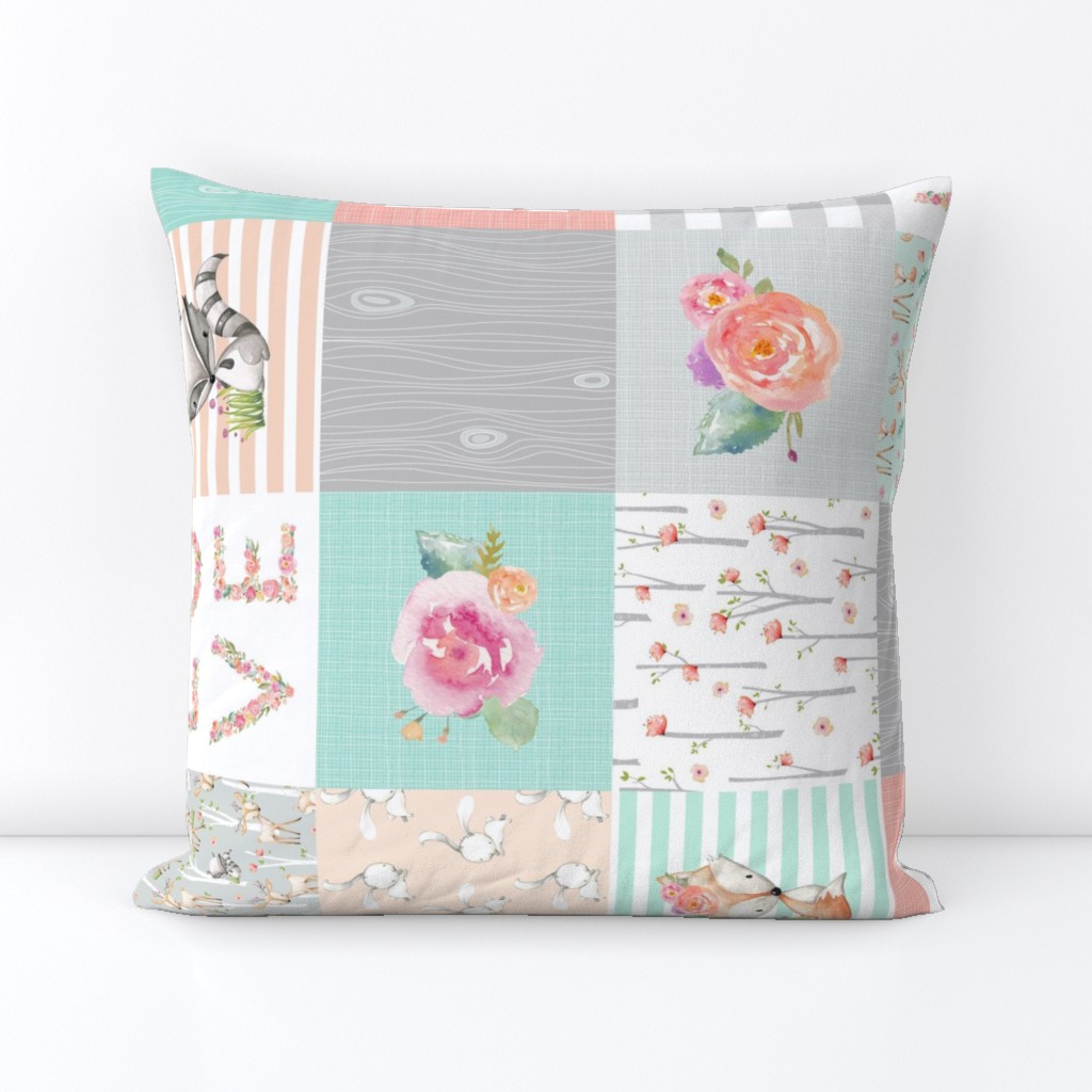 Woodland Animals Baby Girl Quilt Top (rotated) - Deer Fox Raccoon Woodland Patchwork Wholecloth Baby Blanket Gray Mint Peach 