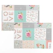 Woodland Animals Baby Girl Quilt Top (rotated) - Deer Fox Raccoon Woodland Patchwork Wholecloth Baby Blanket Gray Mint Peach 