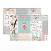 Woodland Animals Baby Girl Quilt Top (rotated) - Deer Fox Raccoon Woodland Patchwork Wholecloth Baby Blanket Gray Mint Peach 