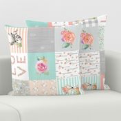 Woodland Animals Baby Girl Quilt Top (rotated) - Deer Fox Raccoon Woodland Patchwork Wholecloth Baby Blanket Gray Mint Peach 