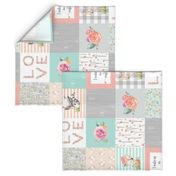 Woodland Animals Baby Girl Quilt Top (rotated) - Deer Fox Raccoon Woodland Patchwork Wholecloth Baby Blanket Gray Mint Peach 